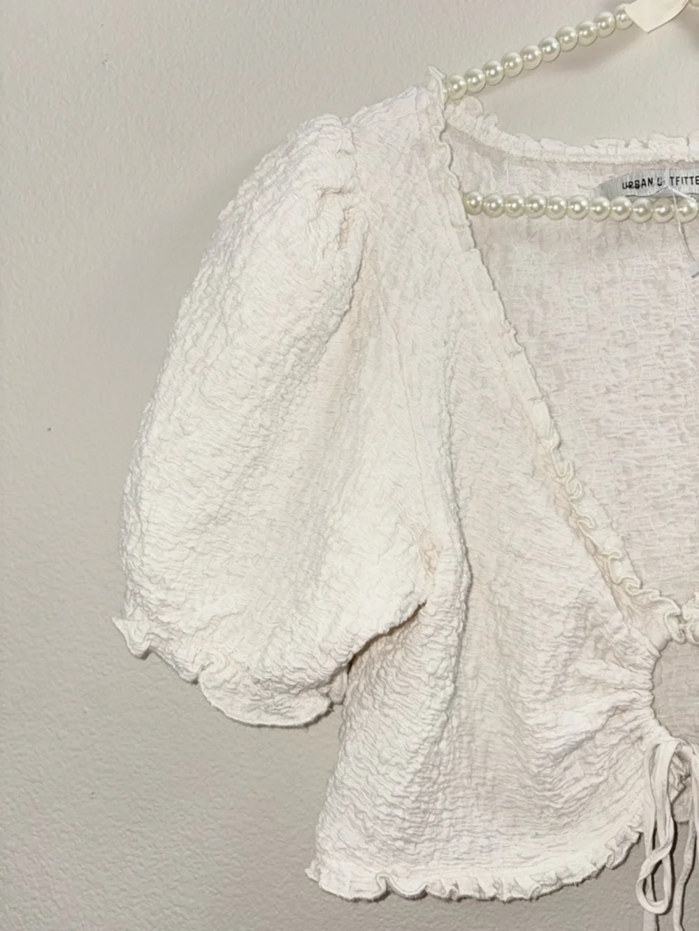 Urban Outfitters Cream Textured Puff-Sleeve Tie-Front Blouse - Picture 4 of 6